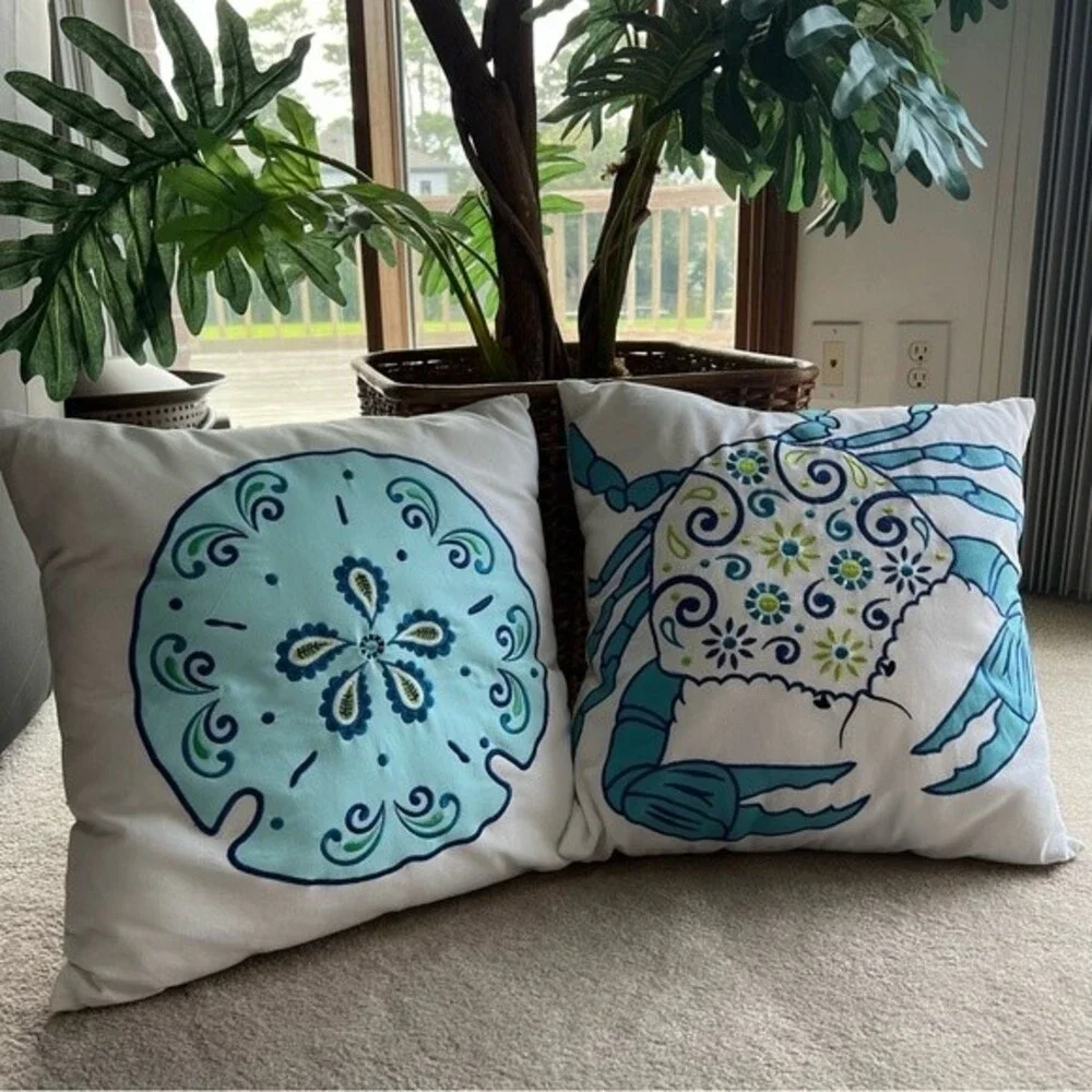 Embroidered Whimsical Throw Pillows Blue Crab and Sand Dollar 18”